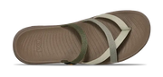 Brown sandal with green and beige straps on a white background.