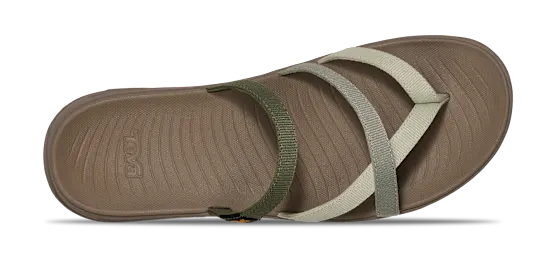 Brown sandal with green and beige straps on a white background.