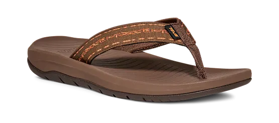 Side view of a brown flip flop on a white background.