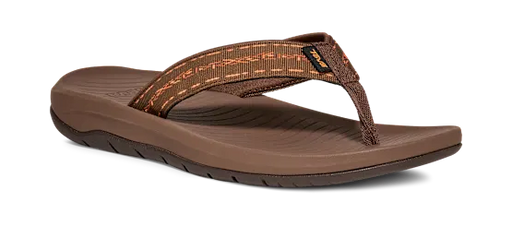 Side view of a brown flip flop on a white background.