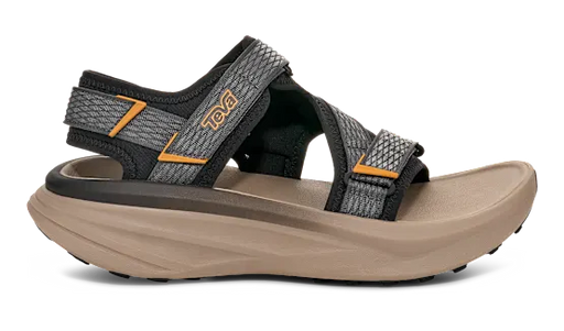 Side view of a tan sandal with grey and black straps on a white background.
