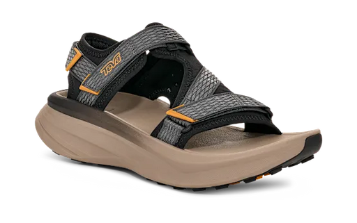 Tan sandal with grey and black straps on a white background.