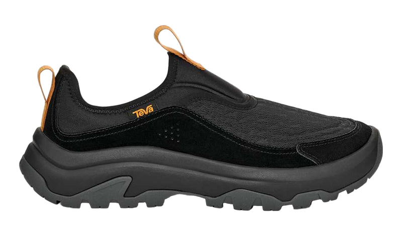 Black slip-on shoe with orange accents on a white background