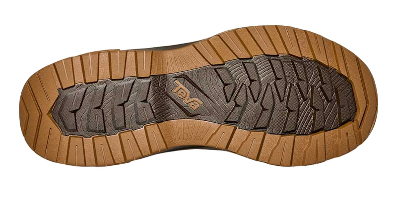 Close-up of a brown shoe sole with tread pattern on a white background