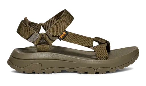 Side view of a dark green sandal on a white background.