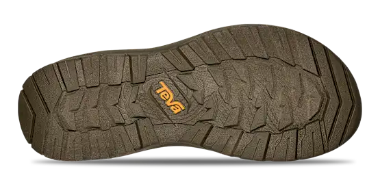 Close-up of a brown shoe sole with 'Teva' logo on a white background