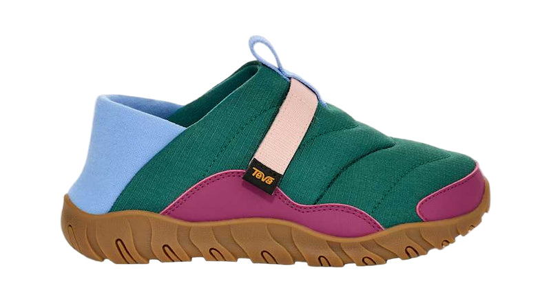 Multicolored slip-on shoe with a brand logo on a white background