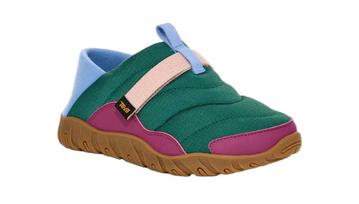 Colorful slip-on shoe with green, pink, and blue accents on a white background