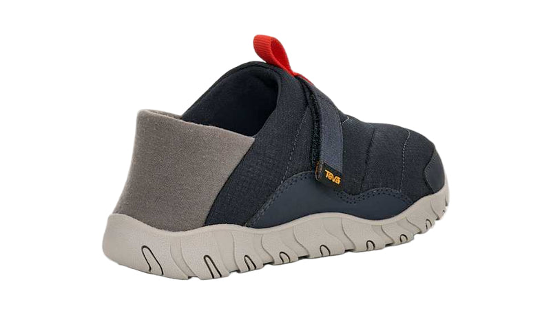 Gray and navy shoe with a red pull tab on a white background