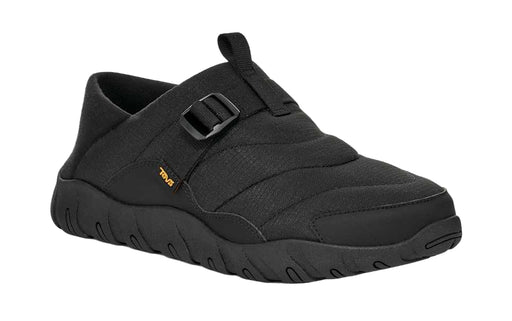 Black slip-on shoe with a buckle on a white background