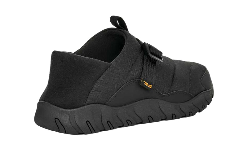 Black slip-on shoe with a brand logo on a white background