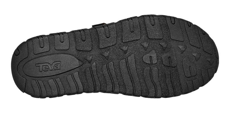 Black sandal sole with 'Teva' branding on a white background