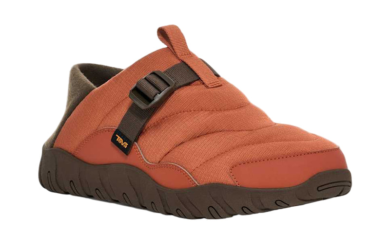 Orange slip-on shoe with brown sole on a white background