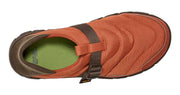 Orange shoe with brown strap on a white background