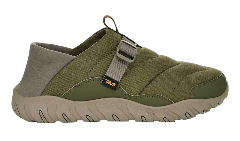 Green slip-on shoe with a strap on a white background