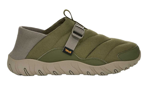 Green slip-on shoe with a strap on a white background