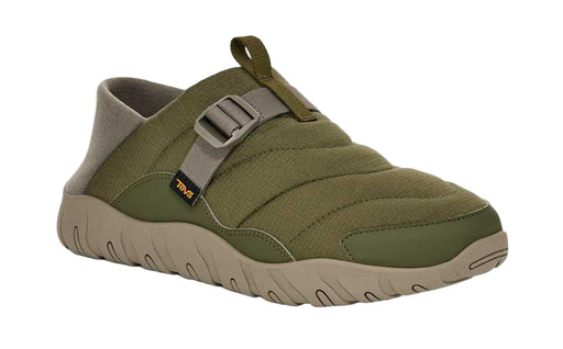 Green slip-on shoe with a strap on a white background