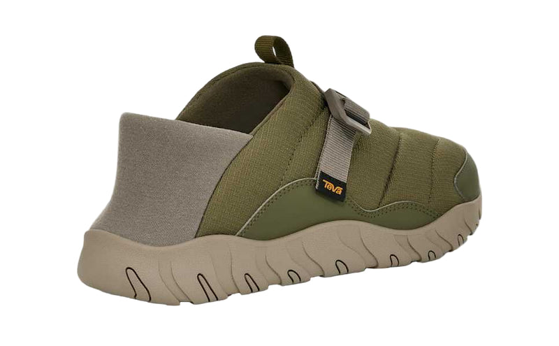 Green and beige slip-on shoe on a white background