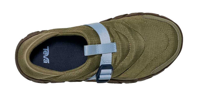 Green shoe with a blue strap on a white background