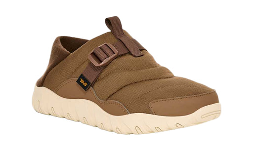 Brown slip-on shoe with a strap on a white background