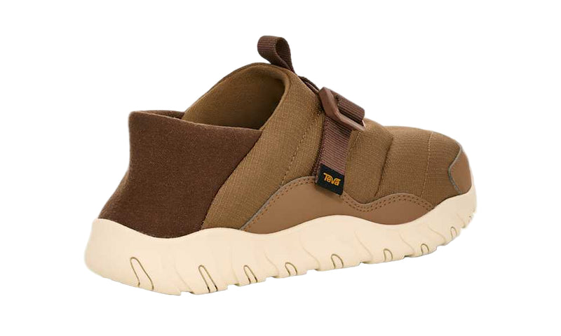 Brown slip-on shoe with a white sole on a light gray background