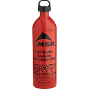 Red MSR fuel bottle with black label on a white background