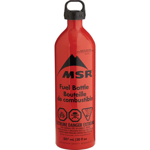Red MSR fuel bottle with black label on a white background