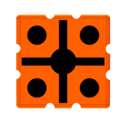 Orange cube target with black dots and markings against a white background.