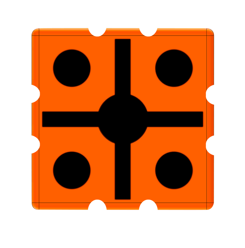 Orange cube target with black dots and markings against a white background.