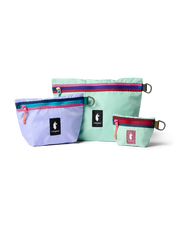 A small teal, medium purple, and large teal pouches