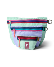 A small teal, medium purple, and large teal pouches