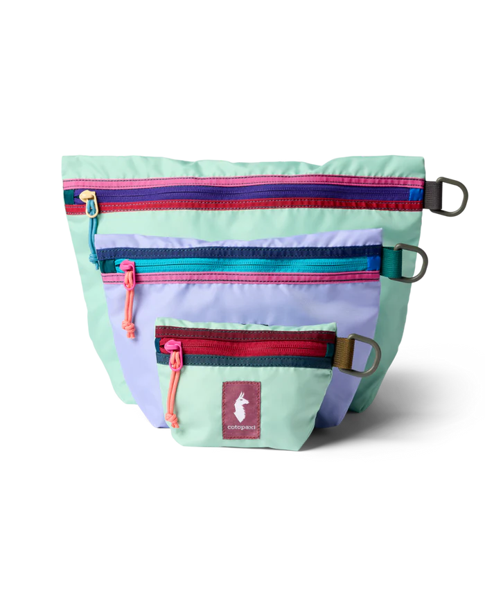 A small teal, medium purple, and large teal pouches