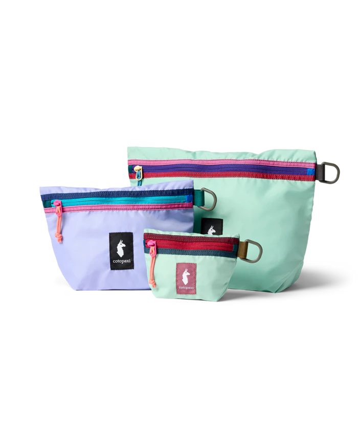 A small teal, medium purple, and large teal pouches