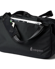 A black duffel bag with a laptop inside