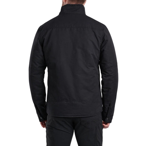 Person wearing a black jacket on a white background