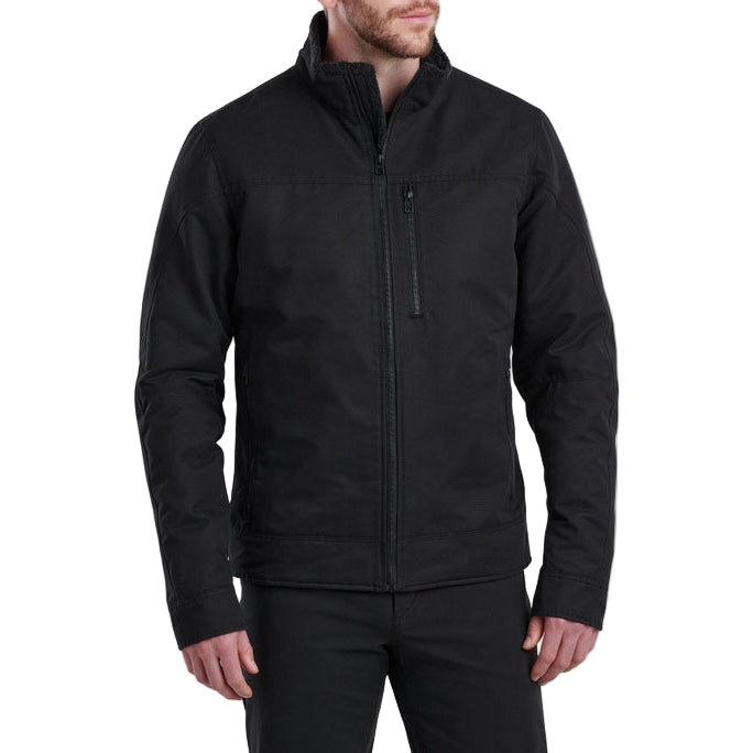 Man wearing a black jacket on a white background