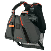 A gray life jacket with orange lining on a white background