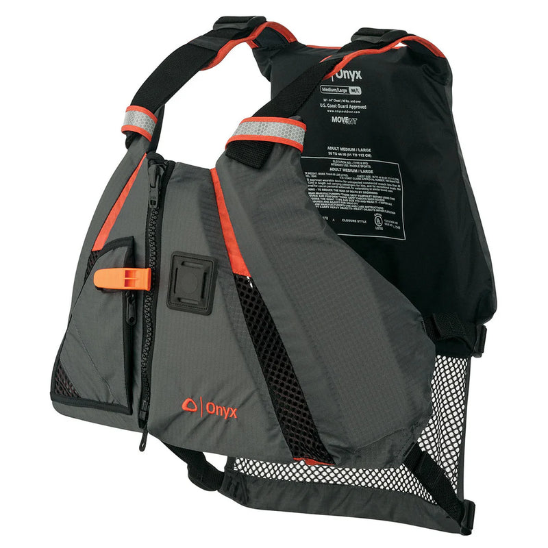 A gray life jacket with orange lining on a white background
