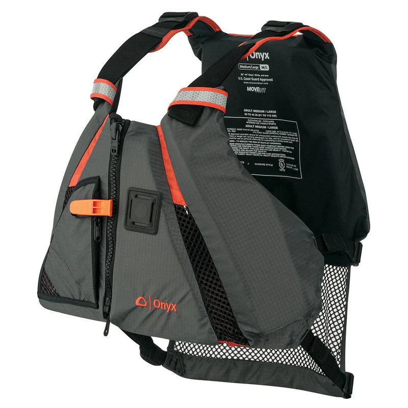 A gray life jacket with orange lining on a white background
