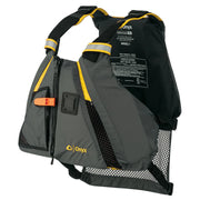 A gray life jacket with yellow lining on a white background