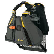 A gray life jacket with yellow lining on a white background