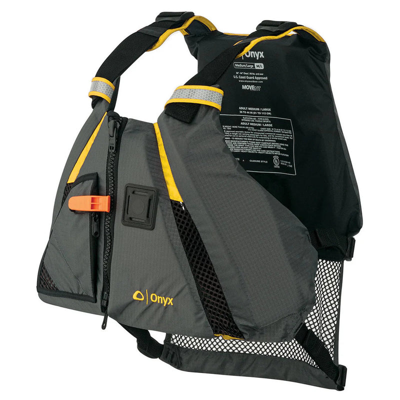 A gray life jacket with yellow lining on a white background