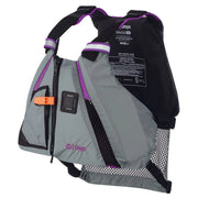 A gray life jacket with purple lining on a white background