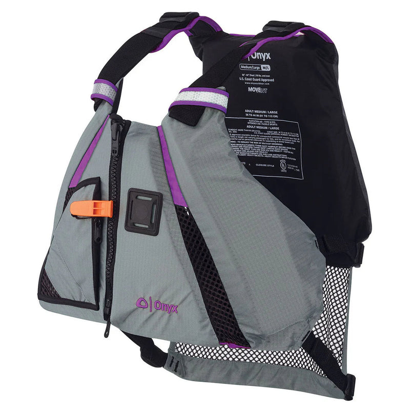 A gray life jacket with purple lining on a white background
