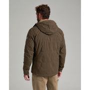 The back of a person wearing a green jacket on a white background