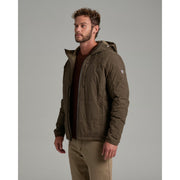 The side of a person wearing a green jacket on a white background