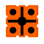 An orange square plate with black circular cutouts and a black cross-shaped center design, shown on a plain white background.