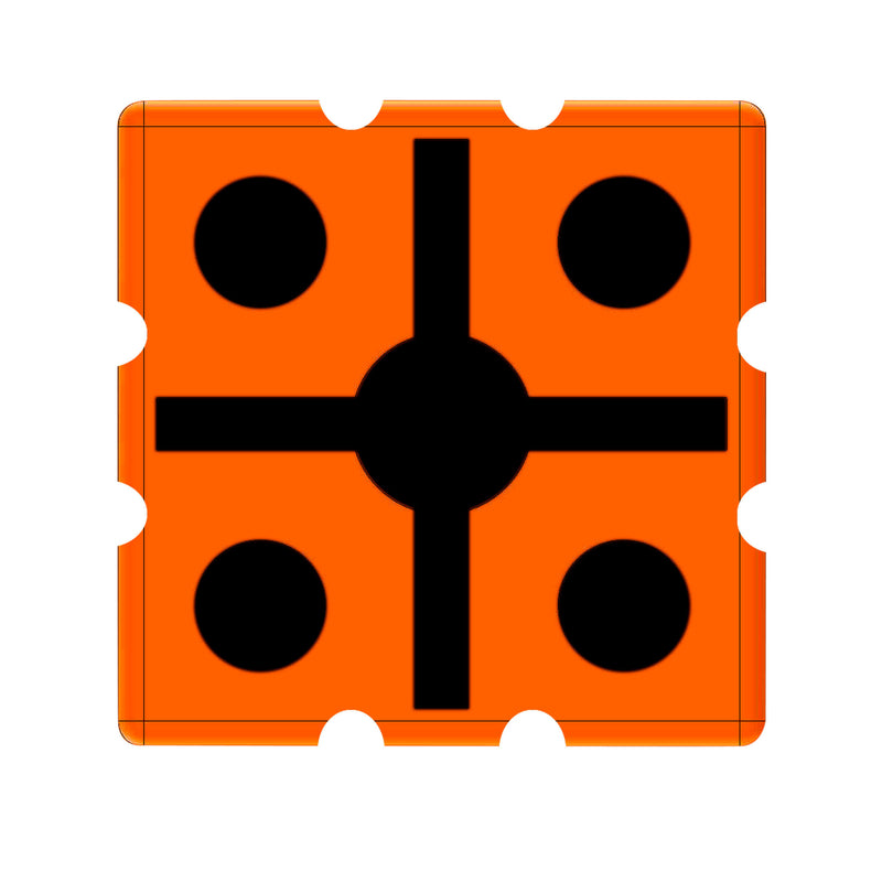 An orange square plate with black circular cutouts and a black cross-shaped center design, shown on a plain white background.