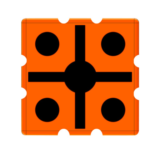 An orange square plate with black circular cutouts and a black cross-shaped center design, shown on a plain white background.