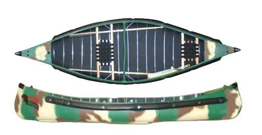 Two views of a canoe in camouflage, on a beige background.